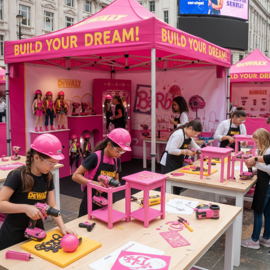 Children building pink furniture and dolls at a DeWalt activity booth with a pink canopy that says 'Build Your Dream!' in an outdoor urban setting.