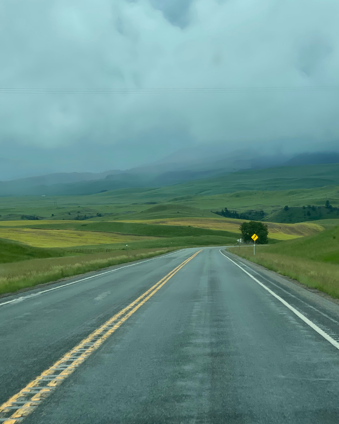 A two-lane road stretches into a green, rolling countryside with hills and fields under a cloudy sky.