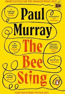Book cover of "The Bee Sting" by Paul Murray, featuring a yellow background with black and red text, with whimsical black curly lines and small illustrations.