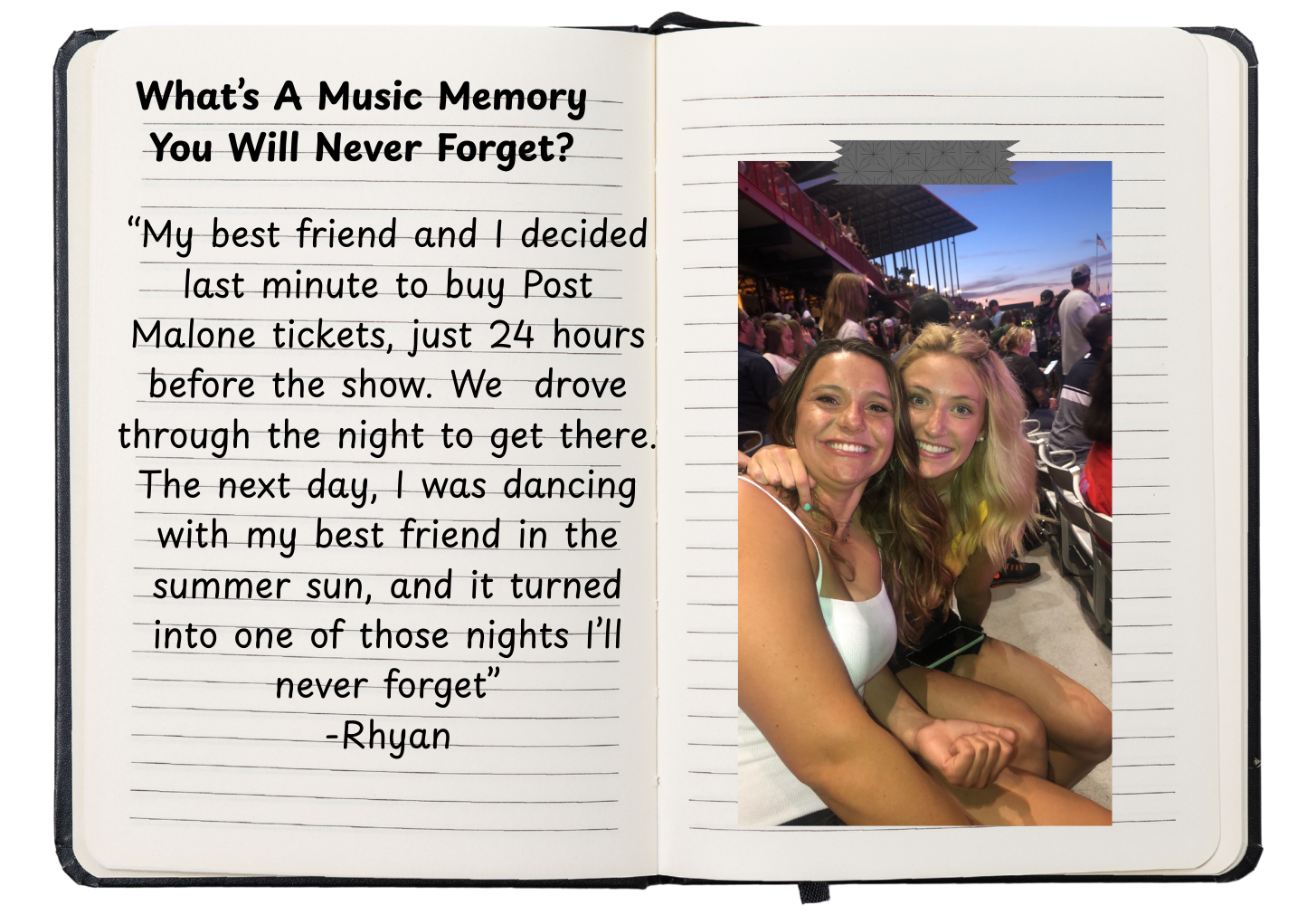 Open notebook with handwritten story about seeing Post Malone, and a photo of two young women smiling at a concert at sunset.