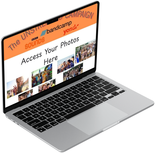 Open laptop displaying a website with the title "Access Your Photos Here" and photos of people at an event.