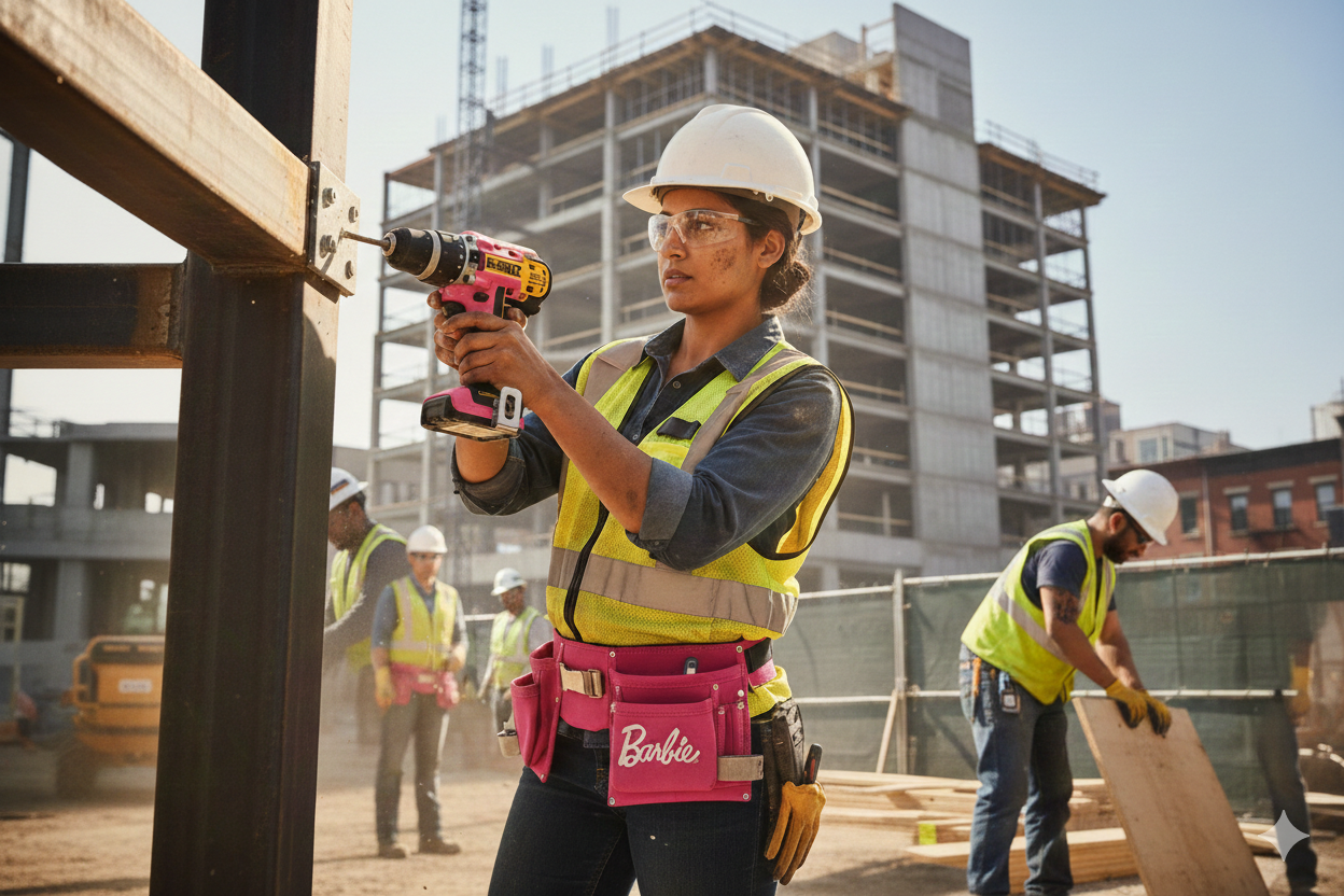 A woman construction worker wearing a white safety helmet, protective glasses, a yellow safety vest, and a pink tool belt labeled "Barbie" using a power drill to secure a metal beam at a building site. In the background, other workers in safety gear are working on a construction site with a multi-story building under construction.