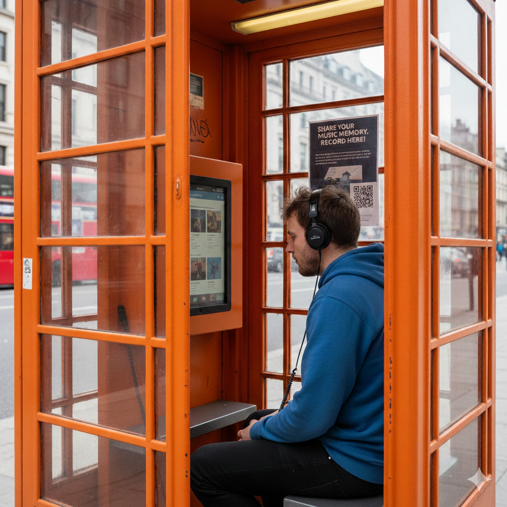 A young man with headphones sitting in a red phone booth on a city street, using an interactive digital kiosk.