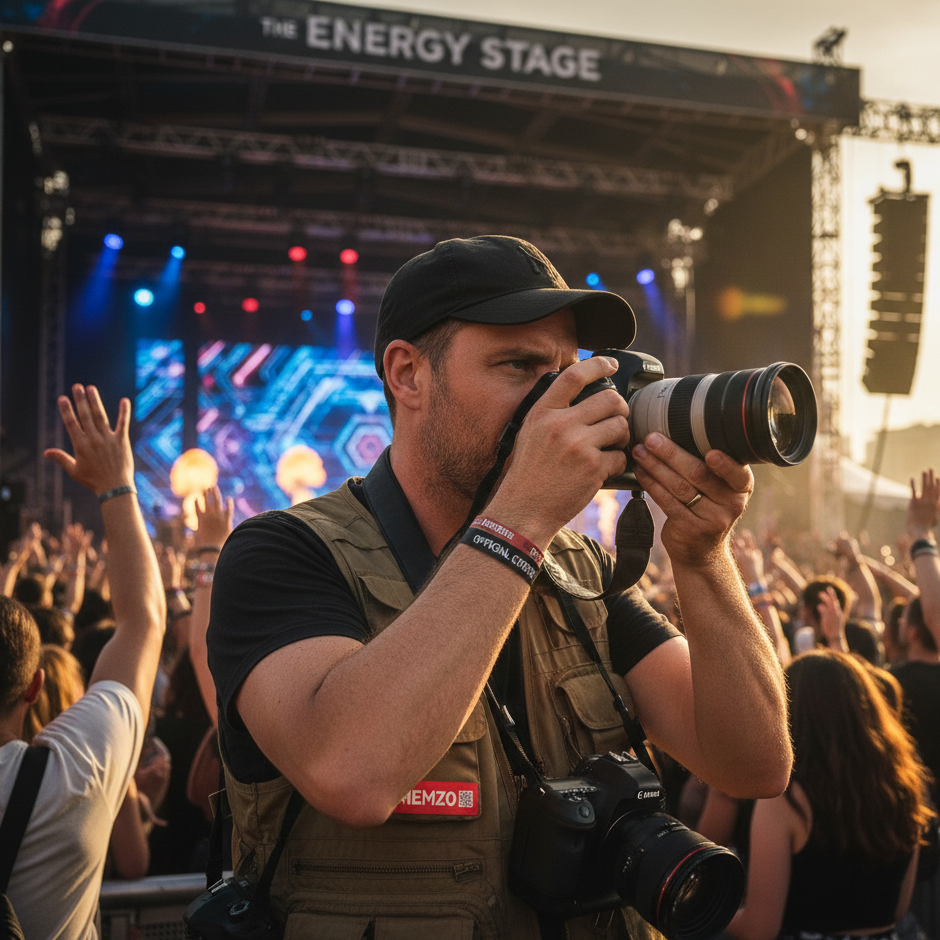 Photographer taking pictures at an outdoor concert with a stage labeled "The ENERGY STAGE" in the background, crowd enjoying the music, colorful stage lights, and sunset sky.