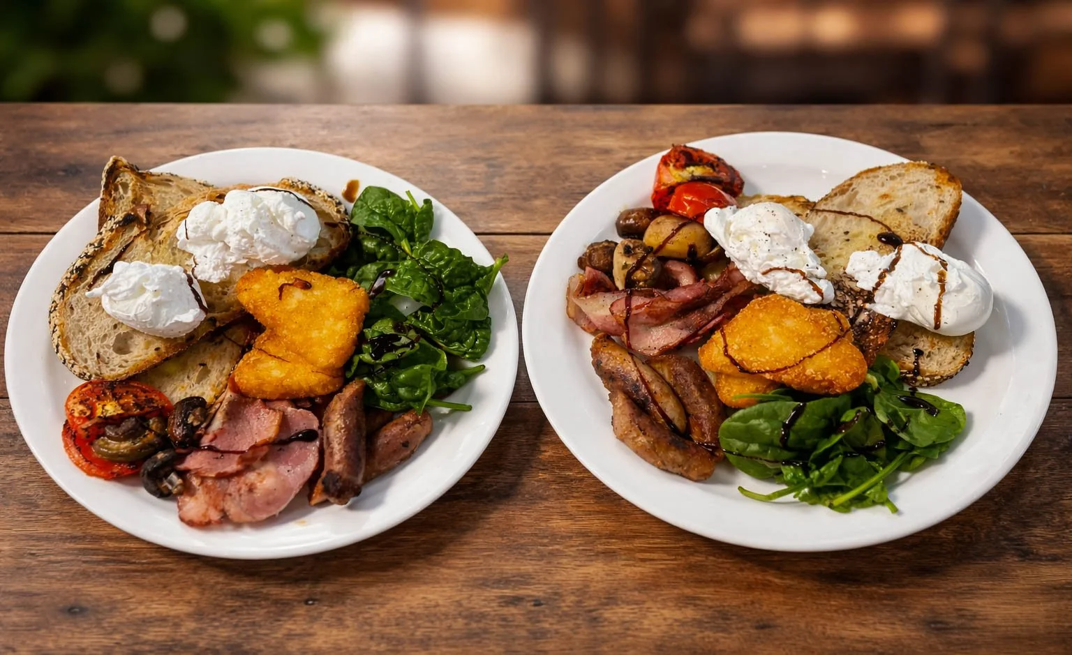 Two white plates with breakfast food on a wooden table. Each plate has toasted bread with whipped cream, green leafy salad, fried food, and slices of bacon or sausage. The plates are drizzled with balsamic glaze.
