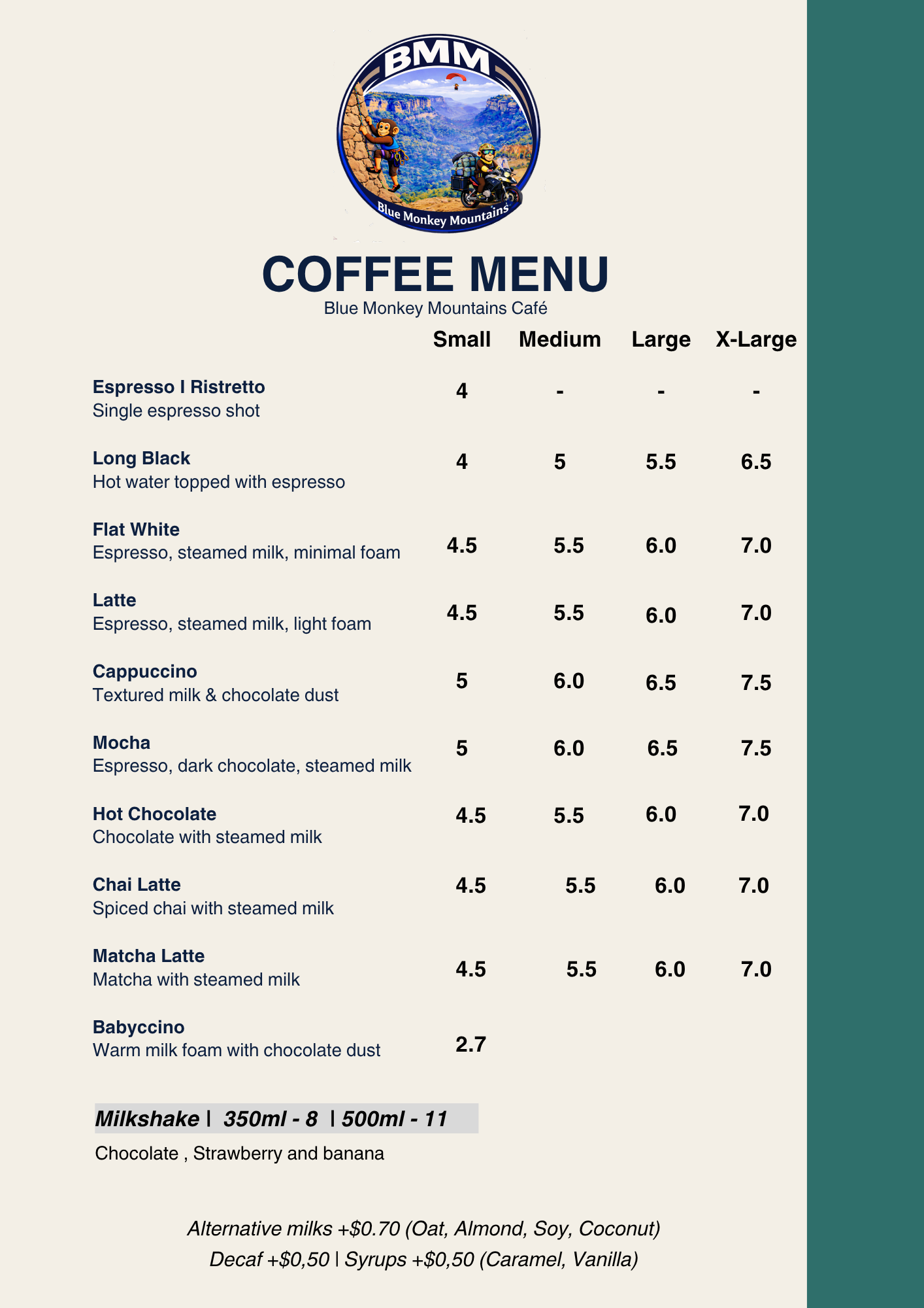 Coffee menu from Blue Monkey Mountains Café featuring various espresso drinks, lattes, cappuccinos, mochas, hot chocolate, chai latte, Matcha latte, babycino, and milkshakes, with prices listed for small, medium, large, and extra-large sizes.