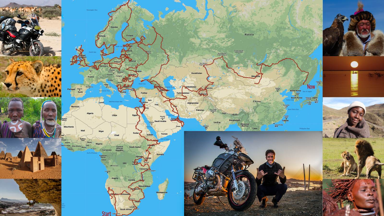 Map of a motorcycle journey through Africa, Europe, and Asia, with photos of landscapes, animals, people, and cultural sites from various regions along the route.
