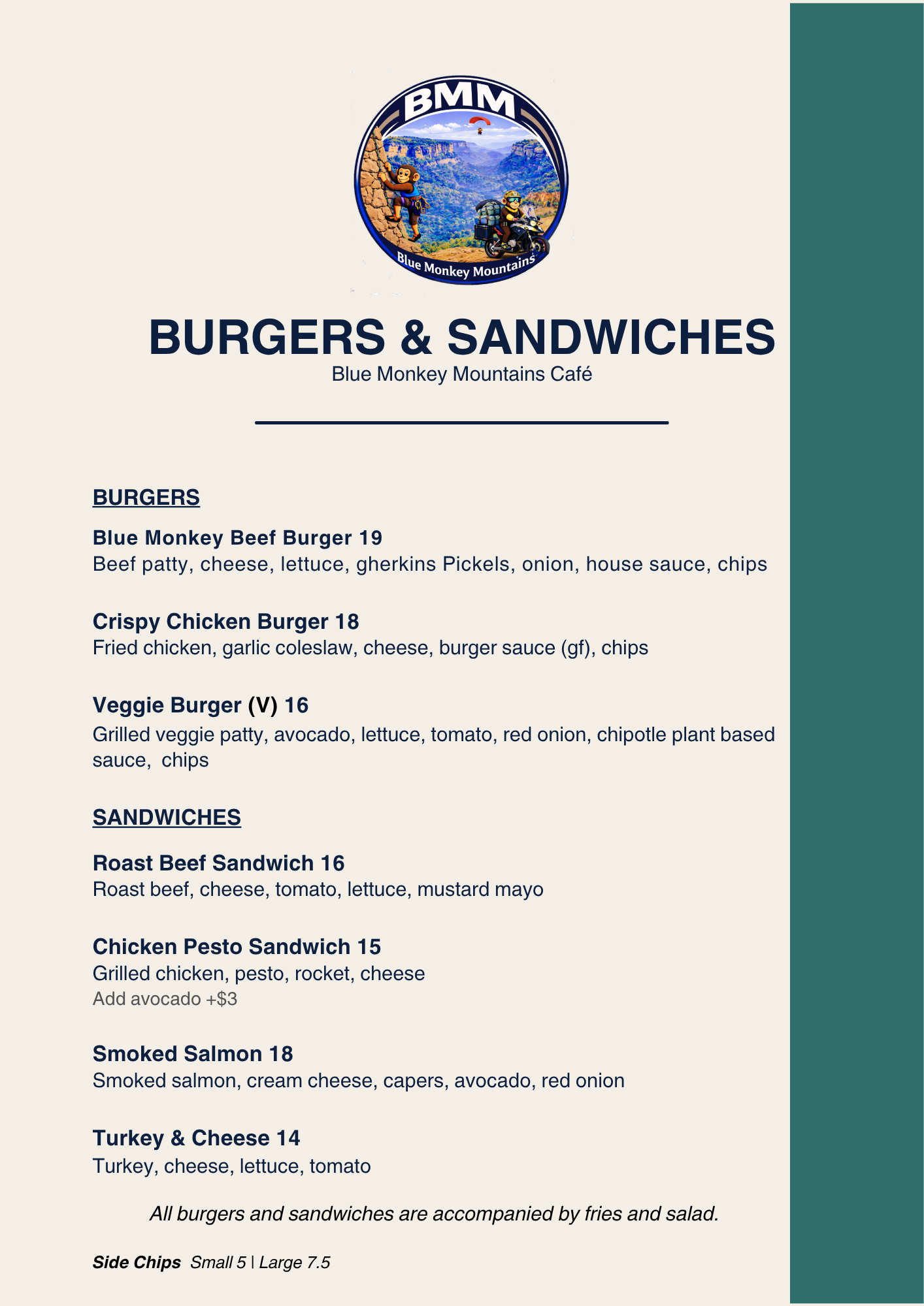Menu for Blue Monkey Mountains Café offering burgers and sandwiches, including Blue Monkey Beef Burger, Crispy Chicken Burger, Veggie Burger, Roast Beef Sandwich, Chicken Pesto Sandwich, Smoked Salmon, and Turkey & Cheese, with sides of fries and salad.