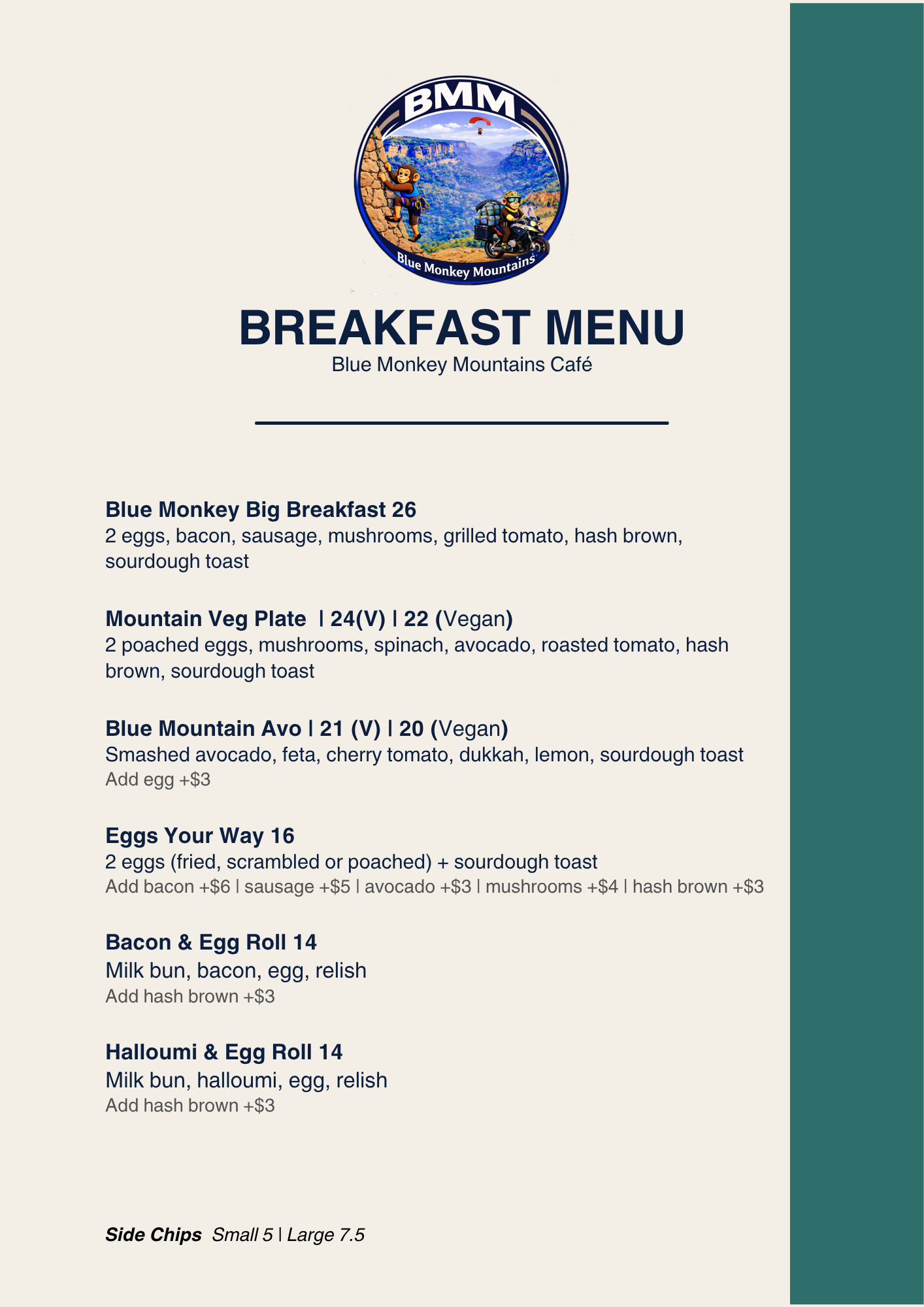 Breakfast menu from Blue Monkey Mountains Café featuring options like Big Breakfast, Mountain Veg Plate, Blue Mountain Avocado, Eggs Your Way, Bacon & Egg Roll, and Halloumi & Egg Roll, with sides of chips.