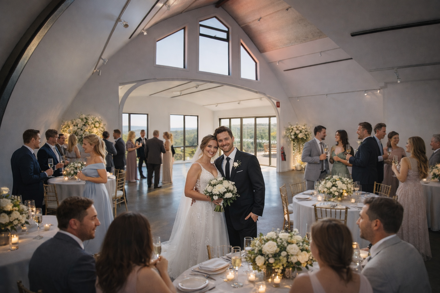 Bride and groom smiling at wedding reception with guests, decorated tables, candles, and large windows showing a scenic outdoor view.