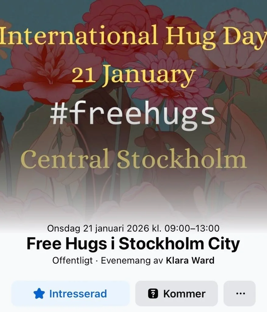 Visste du att Internationella Kram-dagen &auml;r n&auml;sta onsdag 21/1.
D&aring; kommer jag med v&auml;nner befinna oss i centrala Stockholm f&ouml;r att dela ut gratis kramar. 

H&aring;ll utkik efter folk med #freehugs-skyltar p&aring; sig (kanske