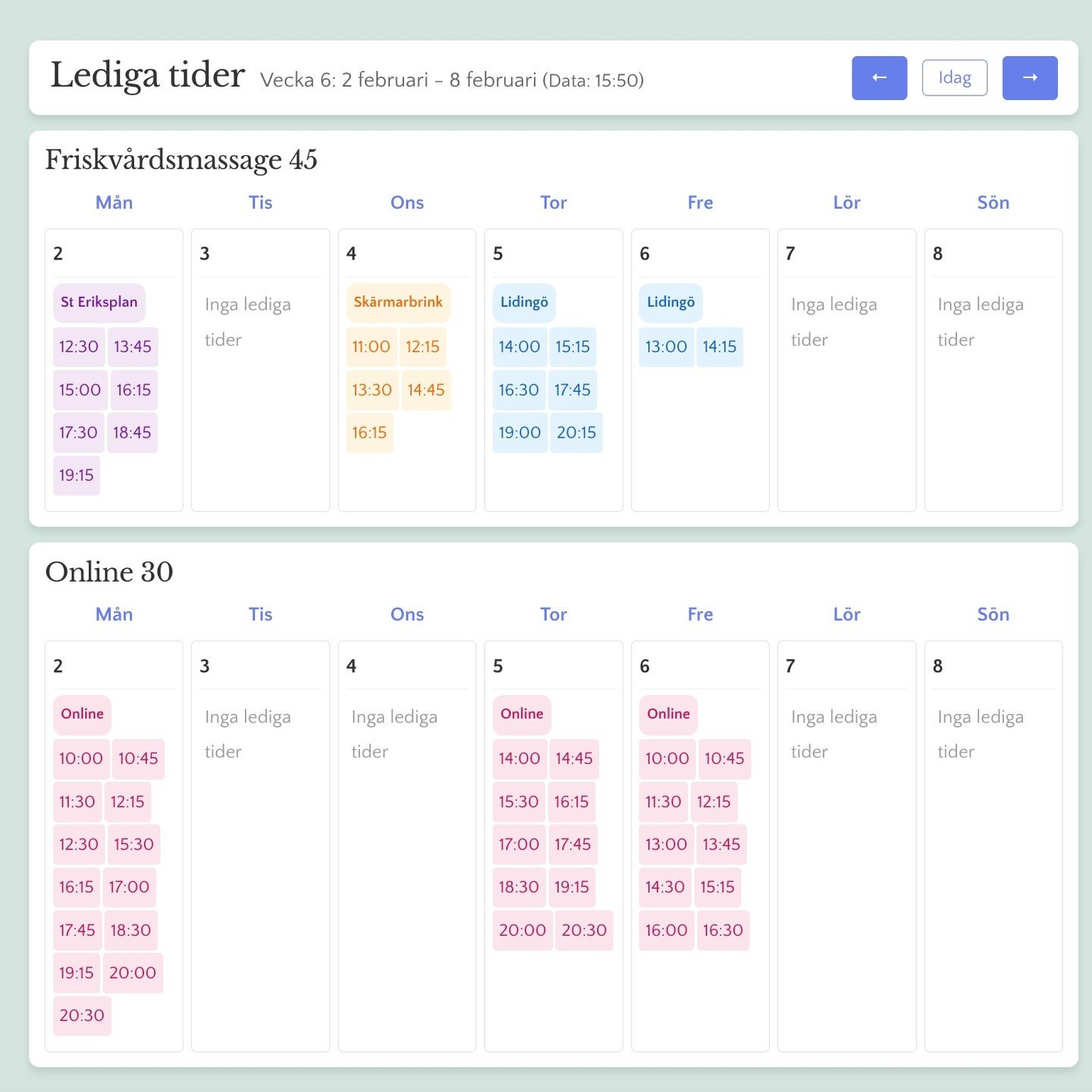 Ibland &auml;r det lite klurigt att hitta mig eftersom jag finns i olika lokaler p&aring; olika dagar. 
🤓 S&aring; jag tog p&aring; mig datan&ouml;rds-glas&ouml;gonen och vibe-kodade ihop denna &ouml;versikt som kanske kan vara till hj&auml;lp f&oum
