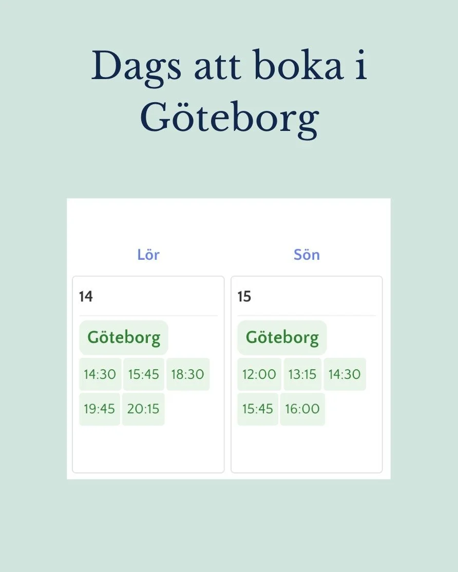 G&ouml;teborgare, du minns v&auml;l att jag kommer p&aring; bes&ouml;k 14-15 mars?
Dags att boka om du vill ha en tid, eftermiddagar och l&ouml;rdag kv&auml;ll finns kvar f&ouml;r dig.
Och du som v&auml;ldigt g&auml;rna skulle vilja boka en tid kv&au
