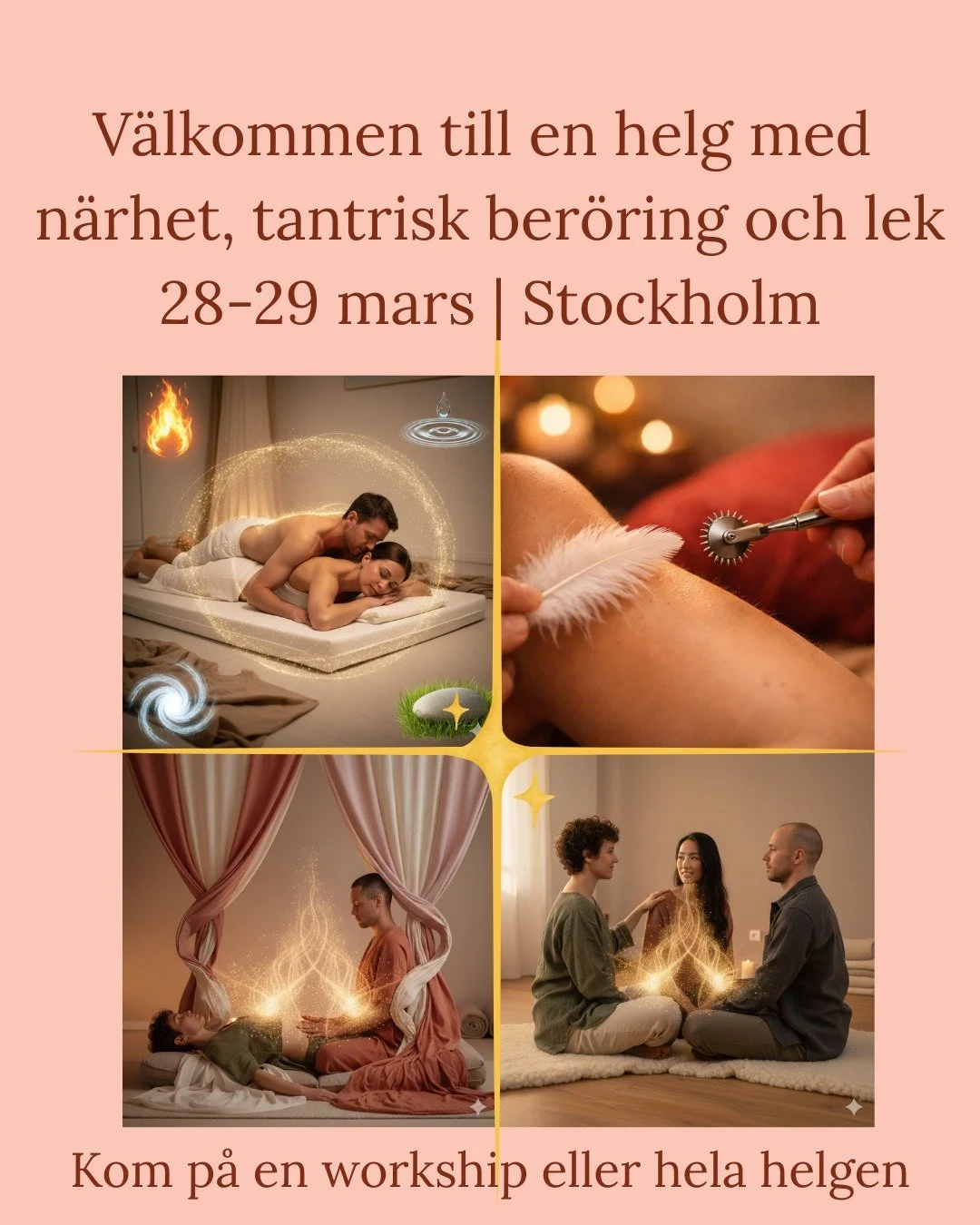 V&auml;lkommen till en helg med massage, tantrisk ber&ouml;ring och lekfull utforskning i Sk&auml;rmarbrink den 28&ndash;29 mars!

L&ouml;rdagen den 28 mars &auml;r pardag. Vi b&ouml;rjar med en parmassageworkshop och avslutar dagen med lingam-/yonim