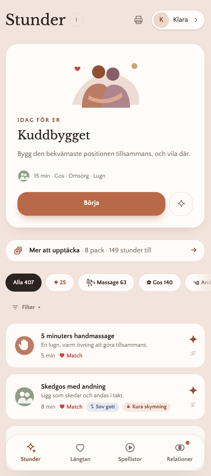 Skärmbild från Kramdags: listan med stunder
