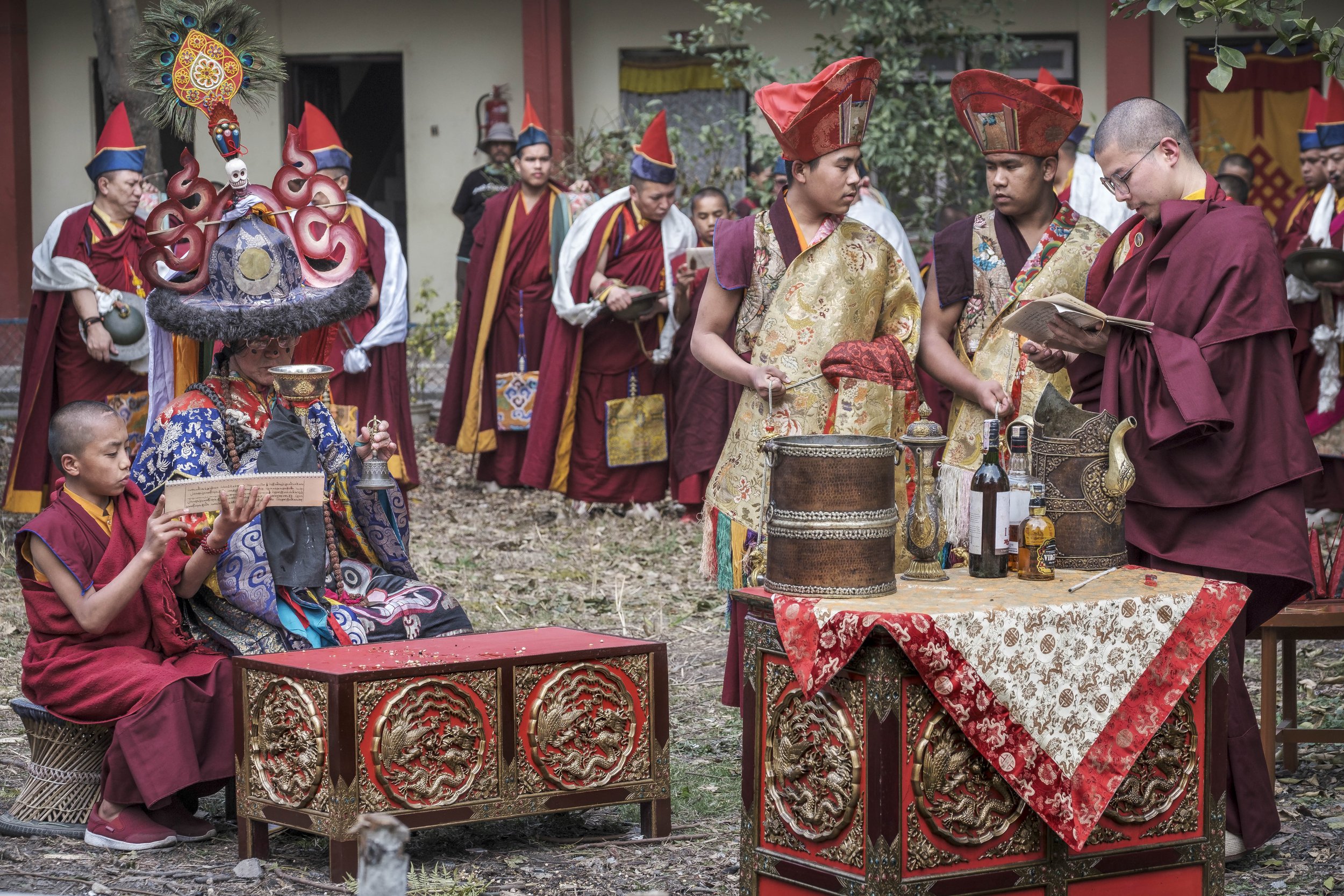 Vajra Master and monks performing ritual offerings during Gutor Chenmo ceremony at Pal Dilyag Monastery in Kathmandu.
