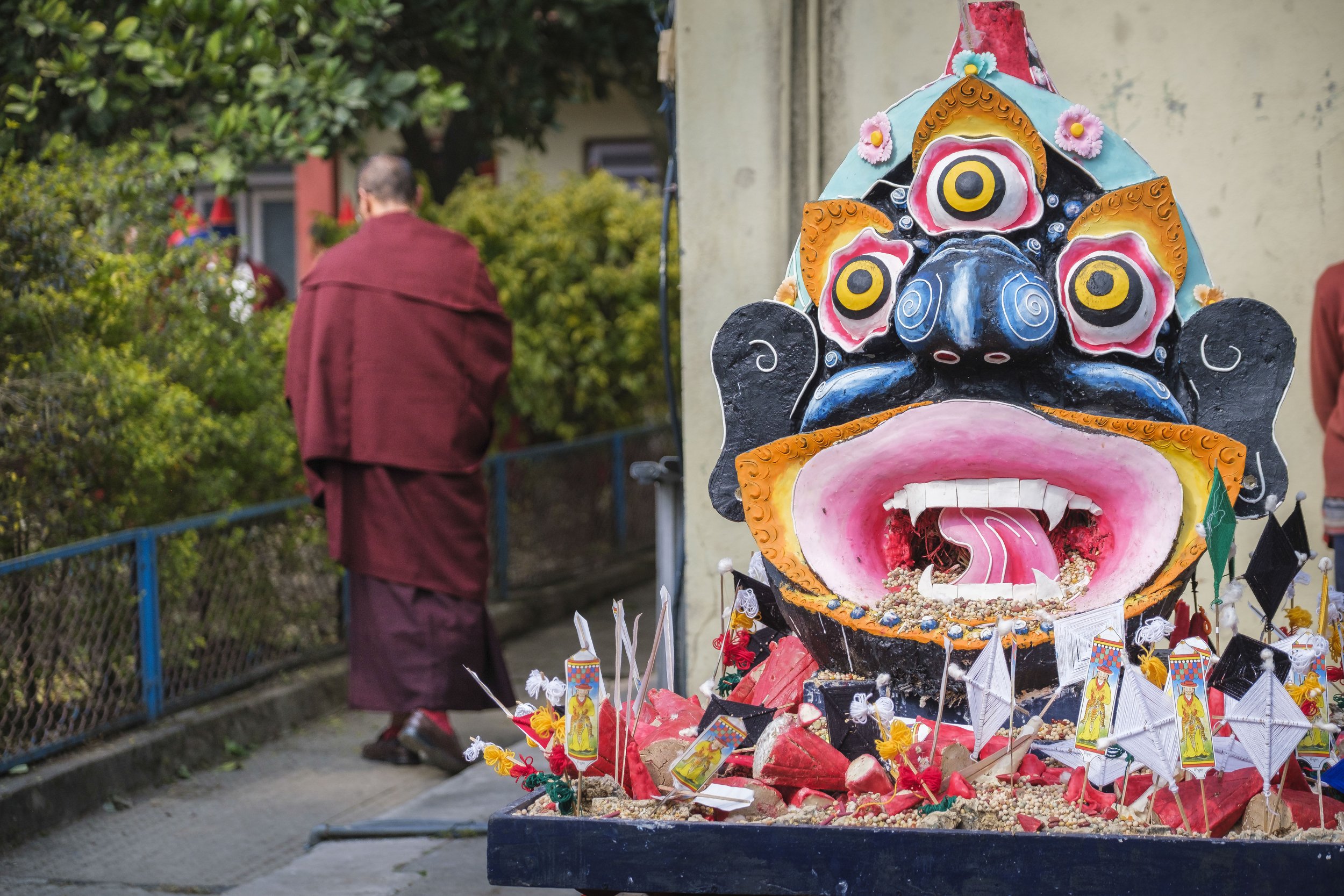 Close view of the Mahakala torma ritual sculpture placed in the monastery courtyard during Gutor Chenmo in Boudhanath, Kathmandu.