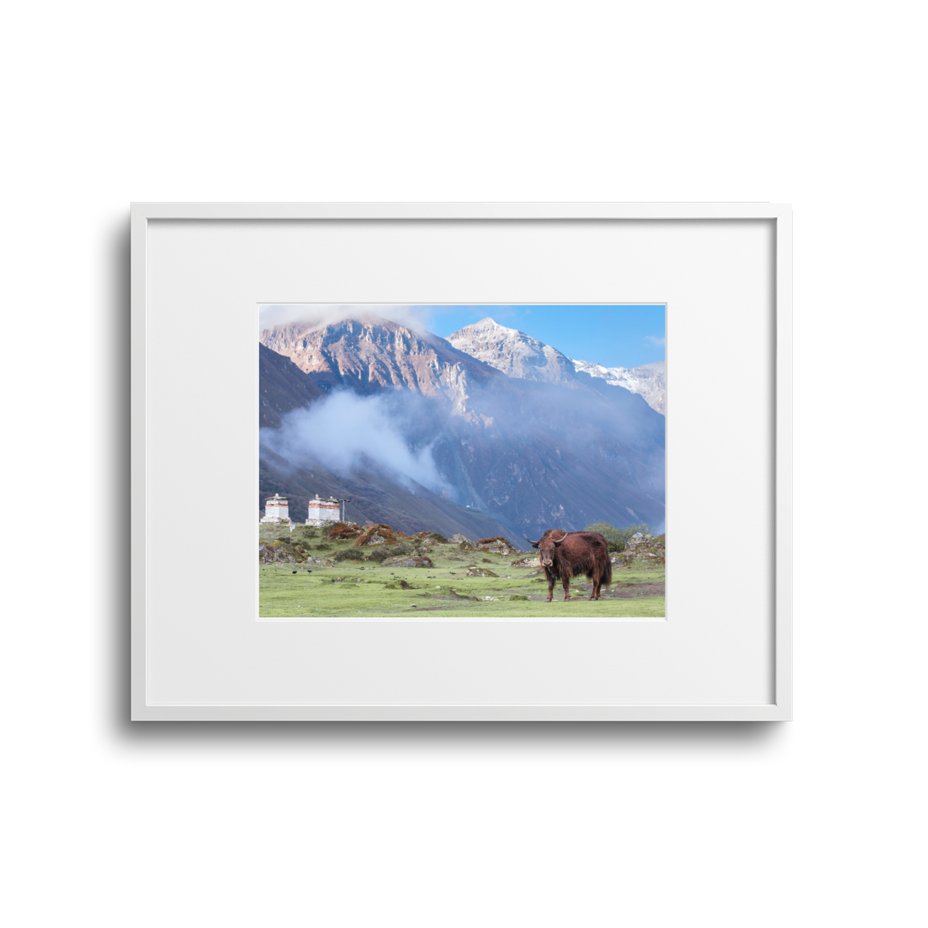 Photograph of a landscape with mountains, clouds, and a yak grazing in a grassy field.