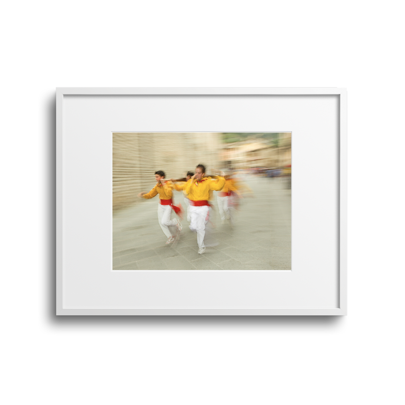 Children dressed in yellow and white costumes running in a celebration or parade
