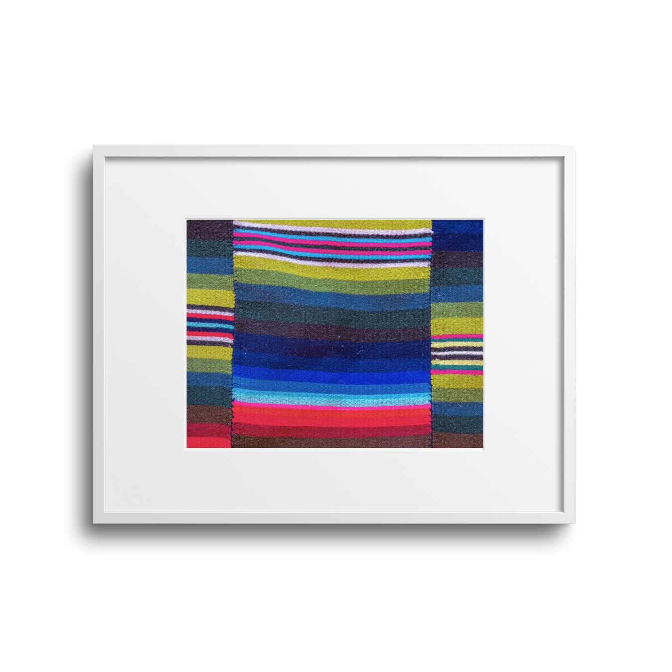 Colorful abstract artwork with horizontal striped patterns in various shades of blue, pink, green, and purple, framed in white.