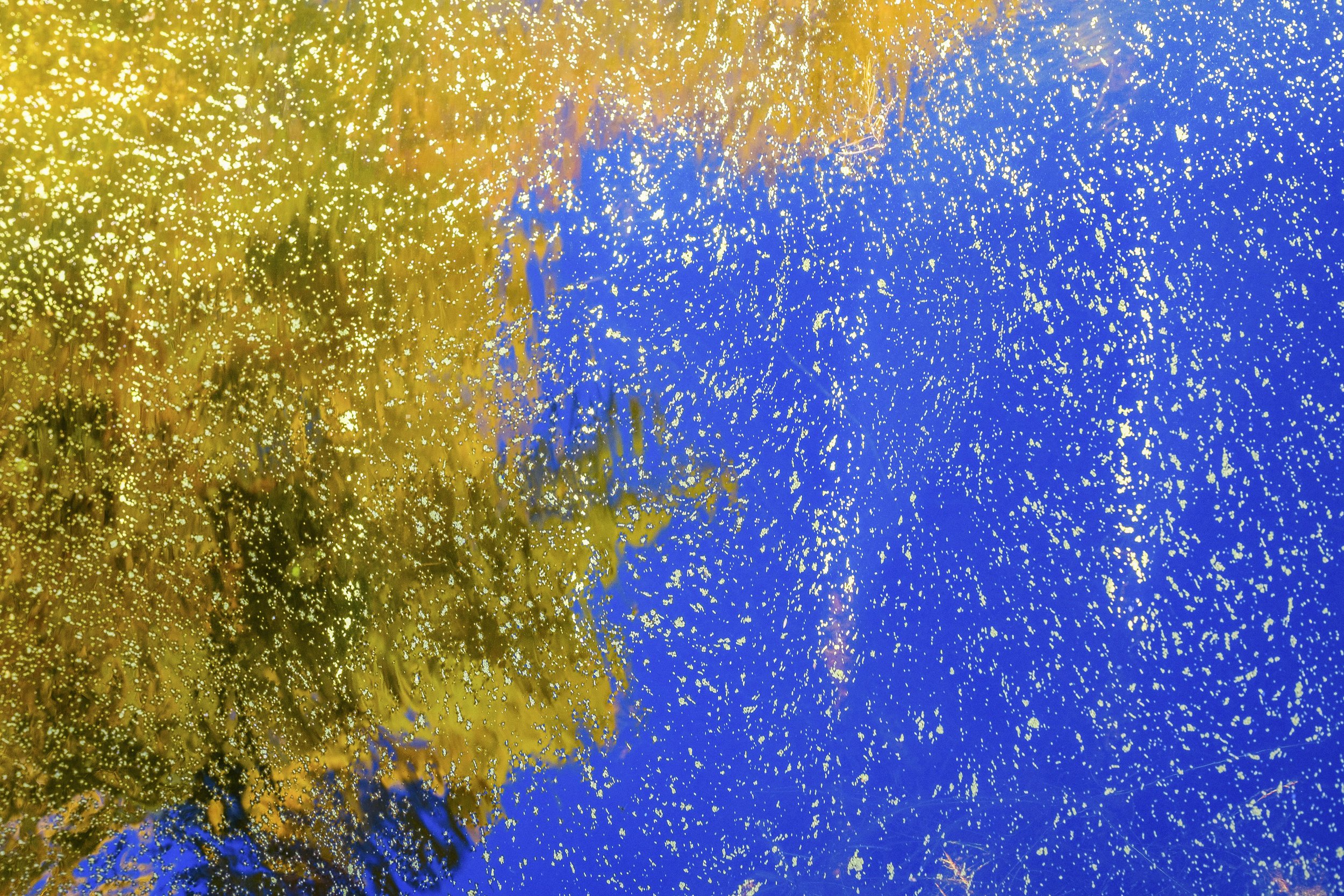Abstract reflection of blue and yellow colors on a textured surface with scattered highlights.