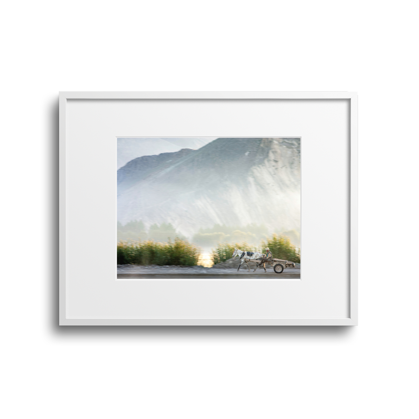 Painting of mountains, a horse pulling a cart, and a person wearing a hat, in a scenic outdoor landscape.