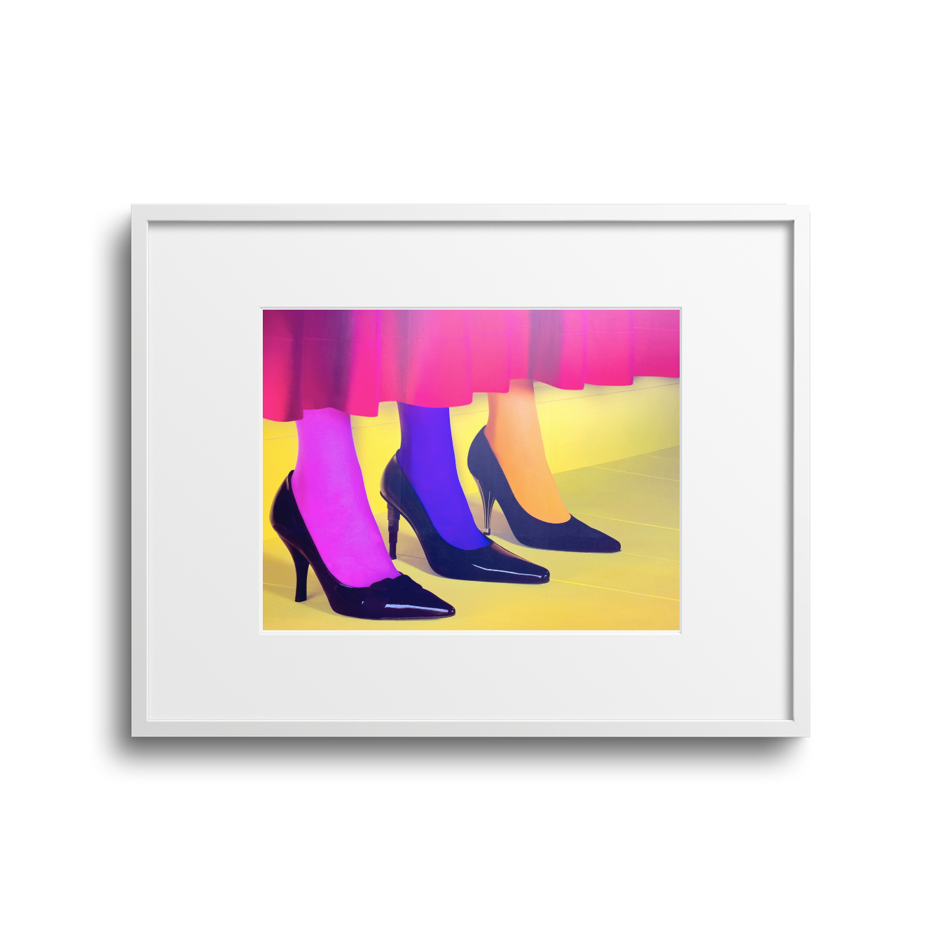 Three pairs of high-heeled shoes in black, pink, blue, and orange on a yellow floor, with a pink skirt in the background.