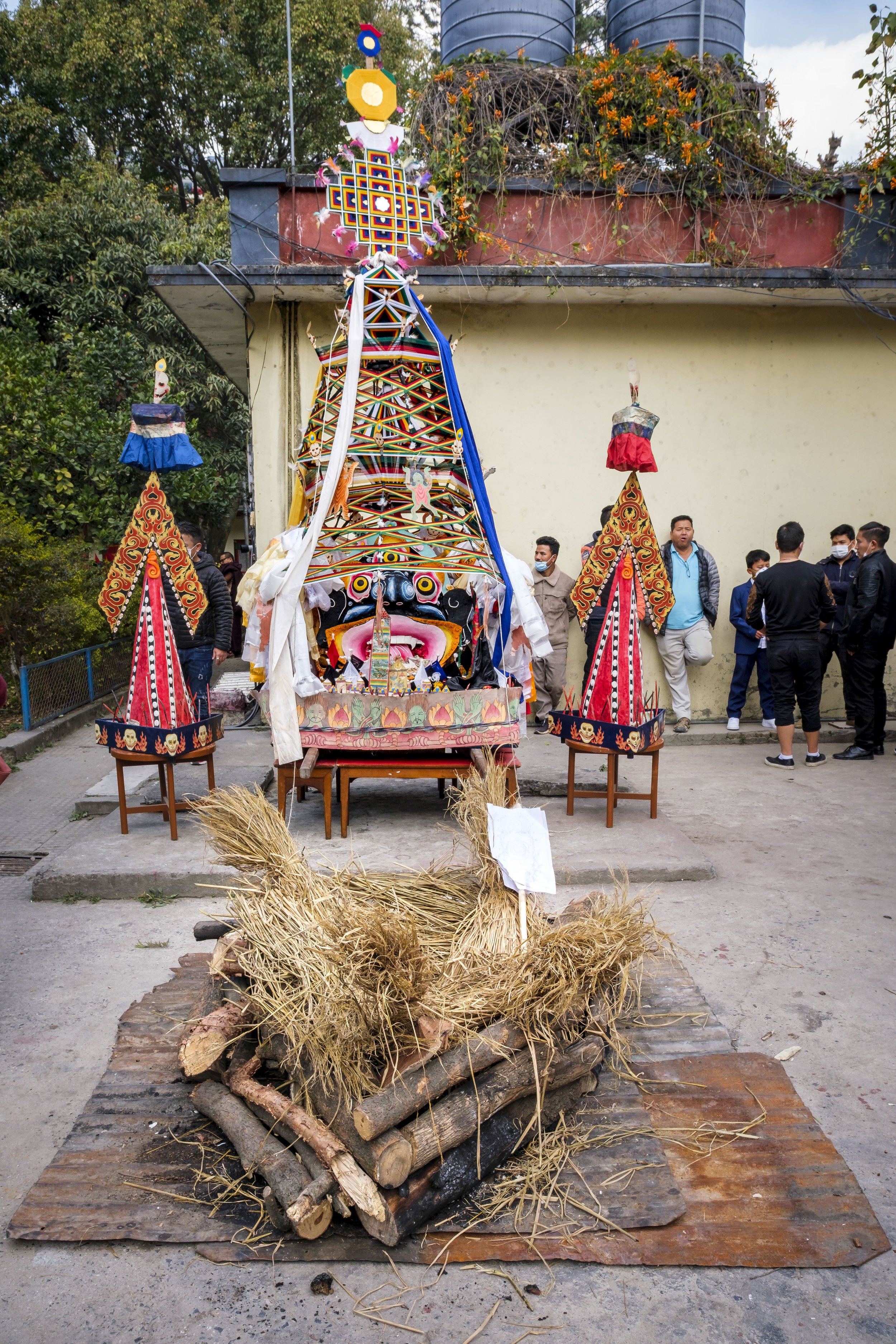 Ritual structures and Mahakala torma prepared for burning during Gutor Chenmo ceremony at Pal Dilyag Monastery in Kathmandu.
