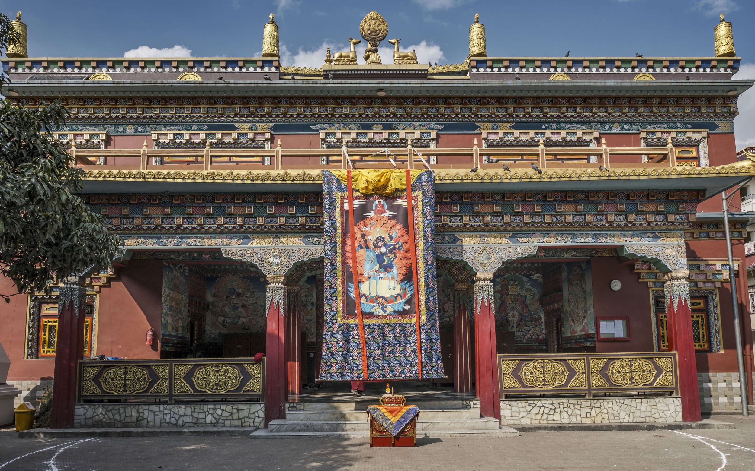 Exterior of Pal Dilyag Monastery in Boudhanath, Kathmandu, decorated for the Gutor Chenmo Buddhist ritual ceremony.