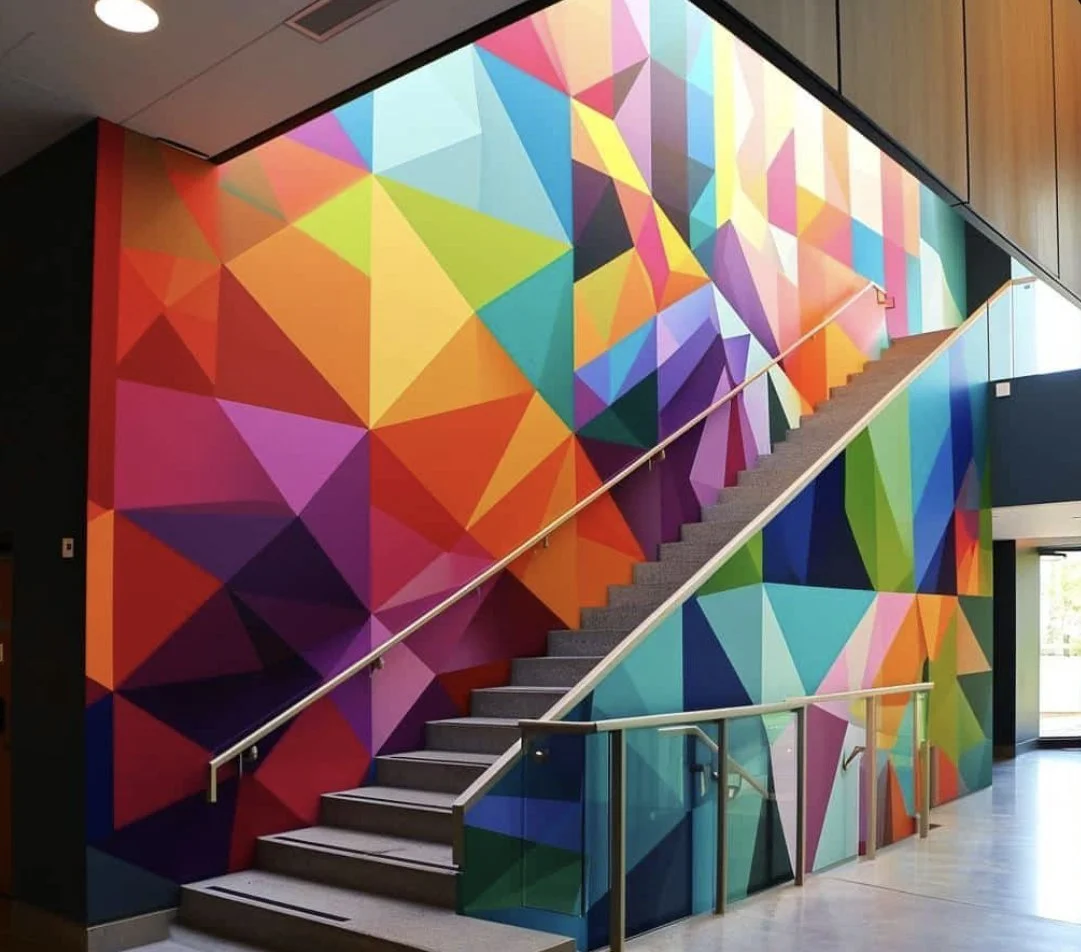 Escalier avec une murale colorée composée de motifs triangulaires multicolores dans un intérieur moderne.