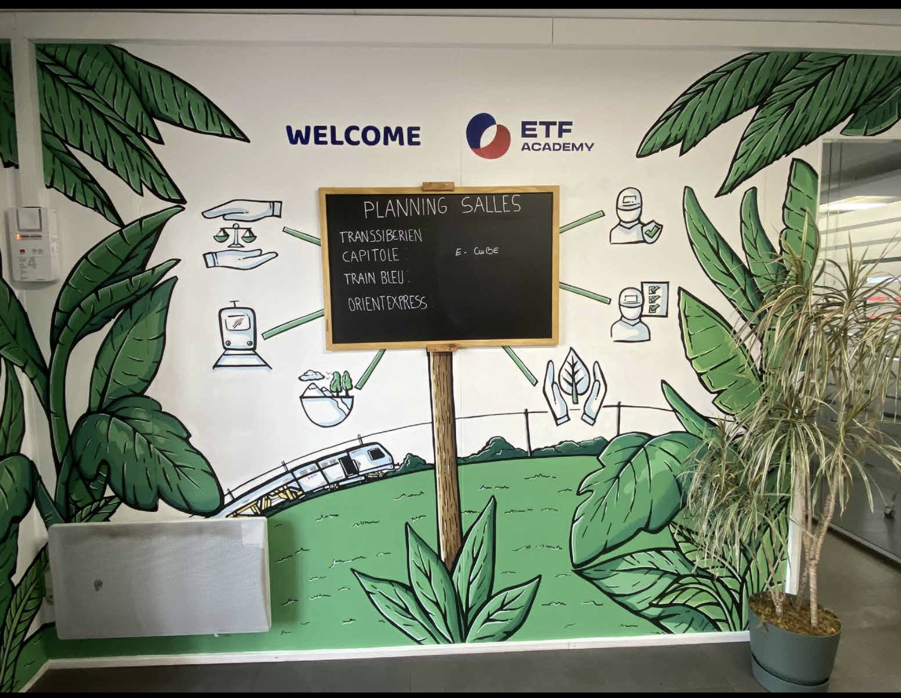 Mur peint avec des illustrations de feuilles vertes, un train, des mains, une balance, une bibliothèque, et un arbre en pot à côté. À l'avant-plan, un tableau noir avec la liste de planification des salles, et une enseigne Welcome ETF Academy.