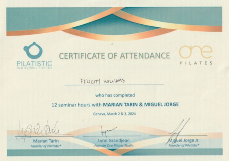 Certificate of attendance awarded to Felicity Williams for completing 12 seminar hours with Pilatastic.