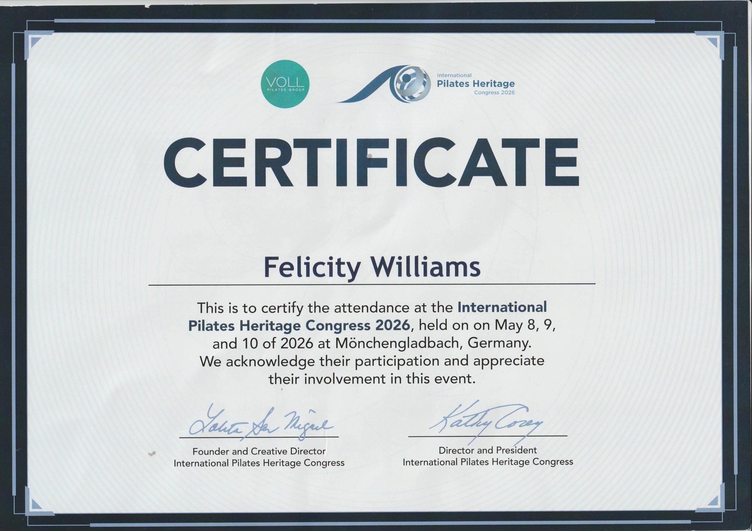Logo of the Pilates Heritage Congress and certificate of attendance of three days.