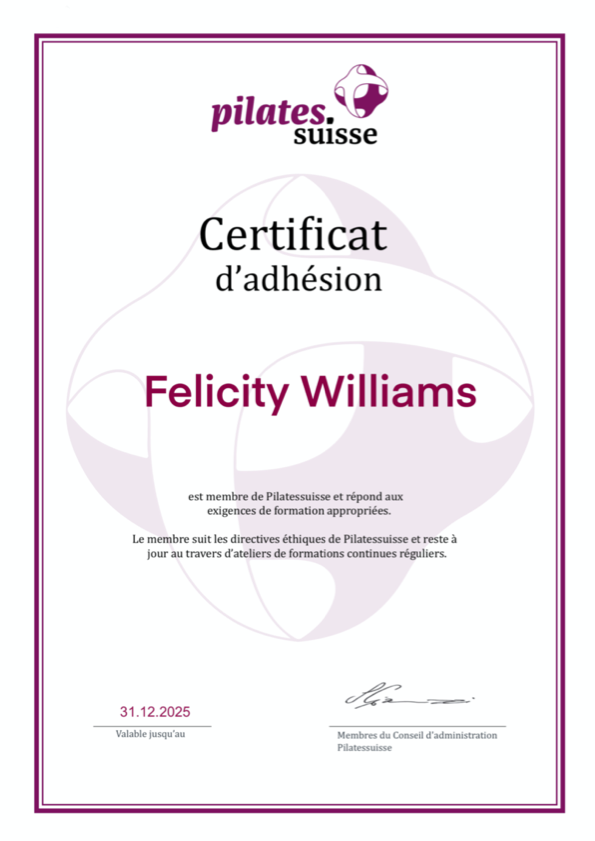 A Pilates Suisse membership certificate awarded to Felicity Williams.