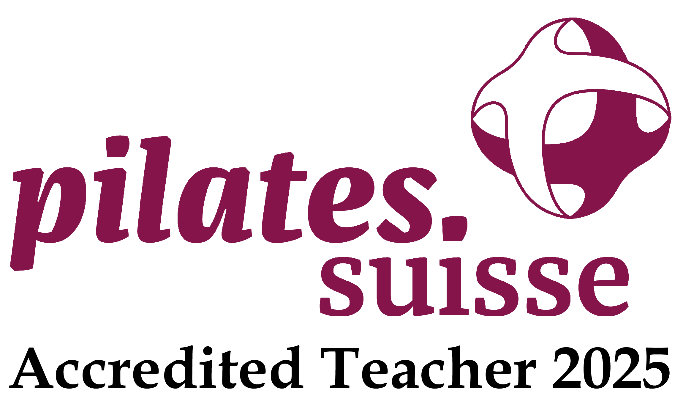 Logo for Pilates Suisse with a stylized globe and the text 'pilates. suisse' and 'Accredited Teacher'.