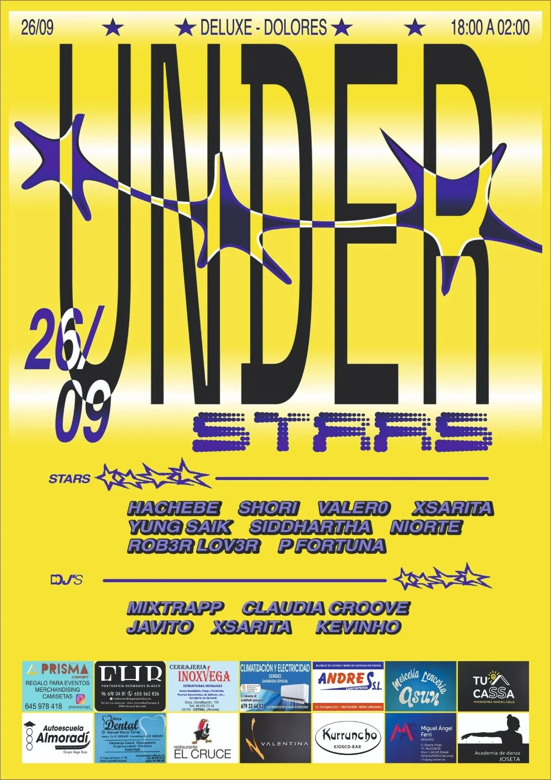 Cartel publicitario de evento llamado 'JUNED' en la discoteca Dolores con fecha 26/09, de 18:00 a 02:00, con lista de artistas y DJs, decorado con estrellas y fondo amarillo.