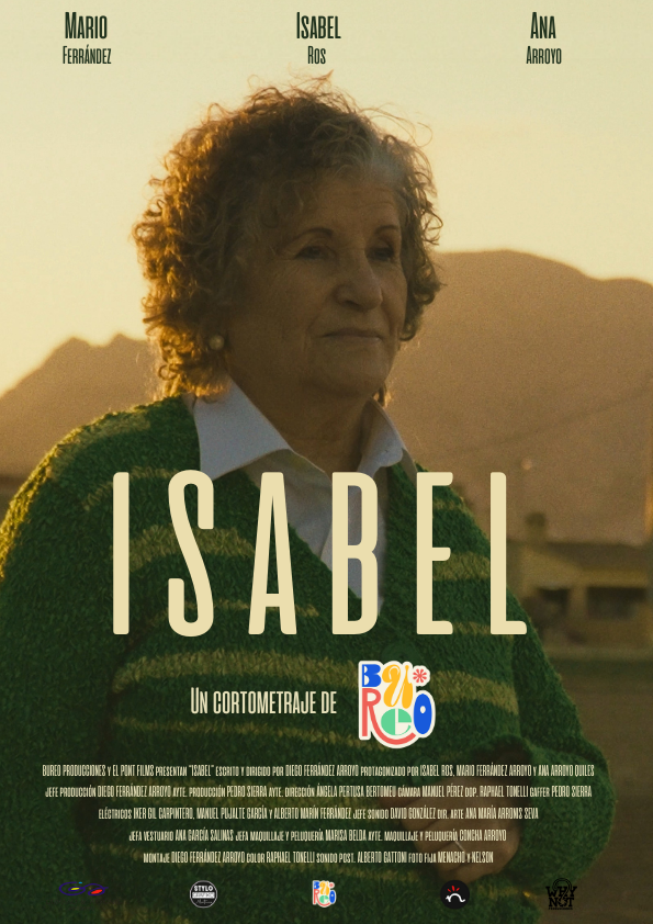 Póster de la película 'Isabel', con una mujer mayor con cabello rizado y vestido verde en un entorno al atardecer, con nombres de los actores en la parte superior y detalles de producción en la parte inferior.