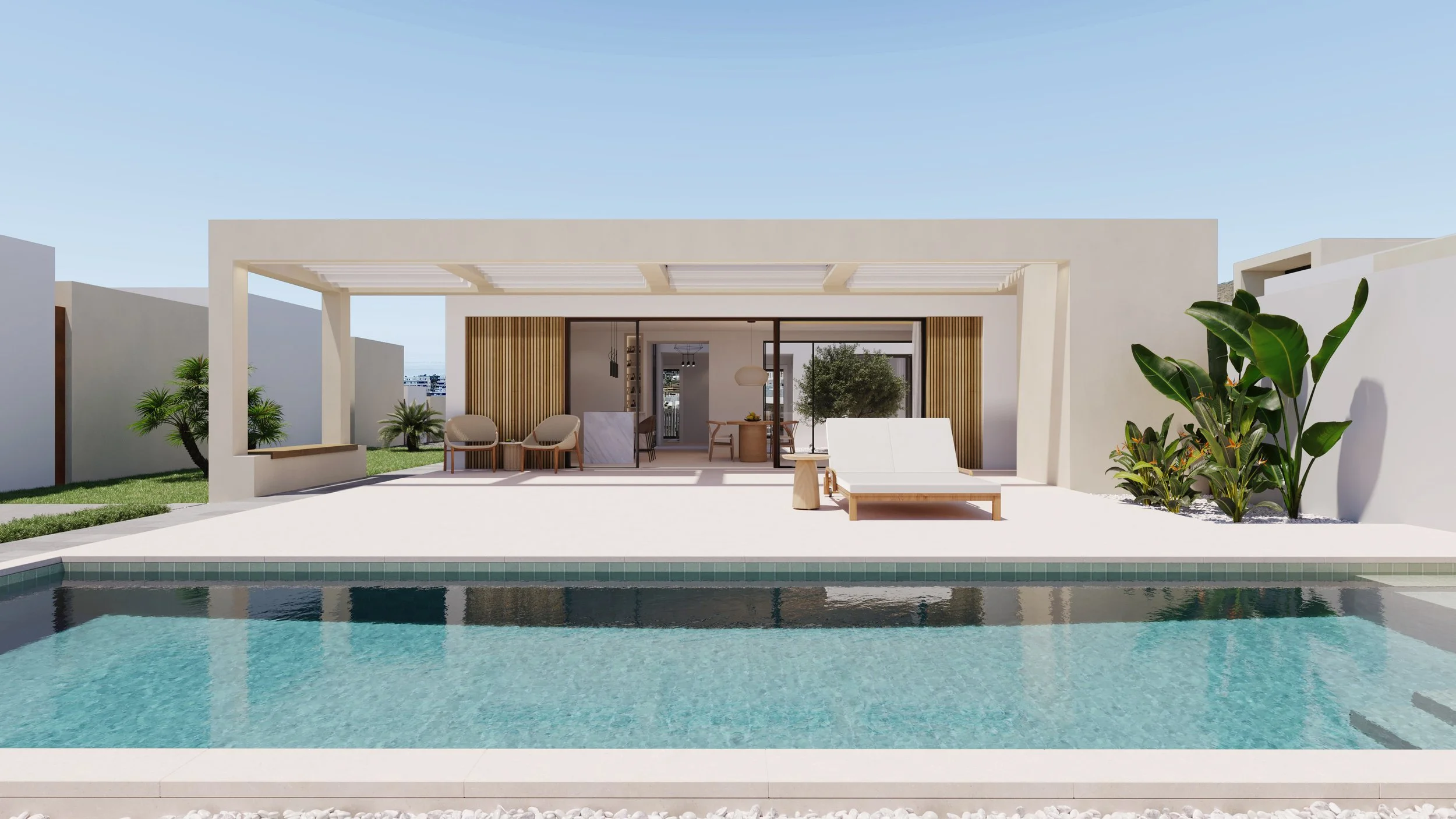 Vista frontal de una casa moderna con piscina y área para descanso, con muebles al aire libre y plantas decorativas.