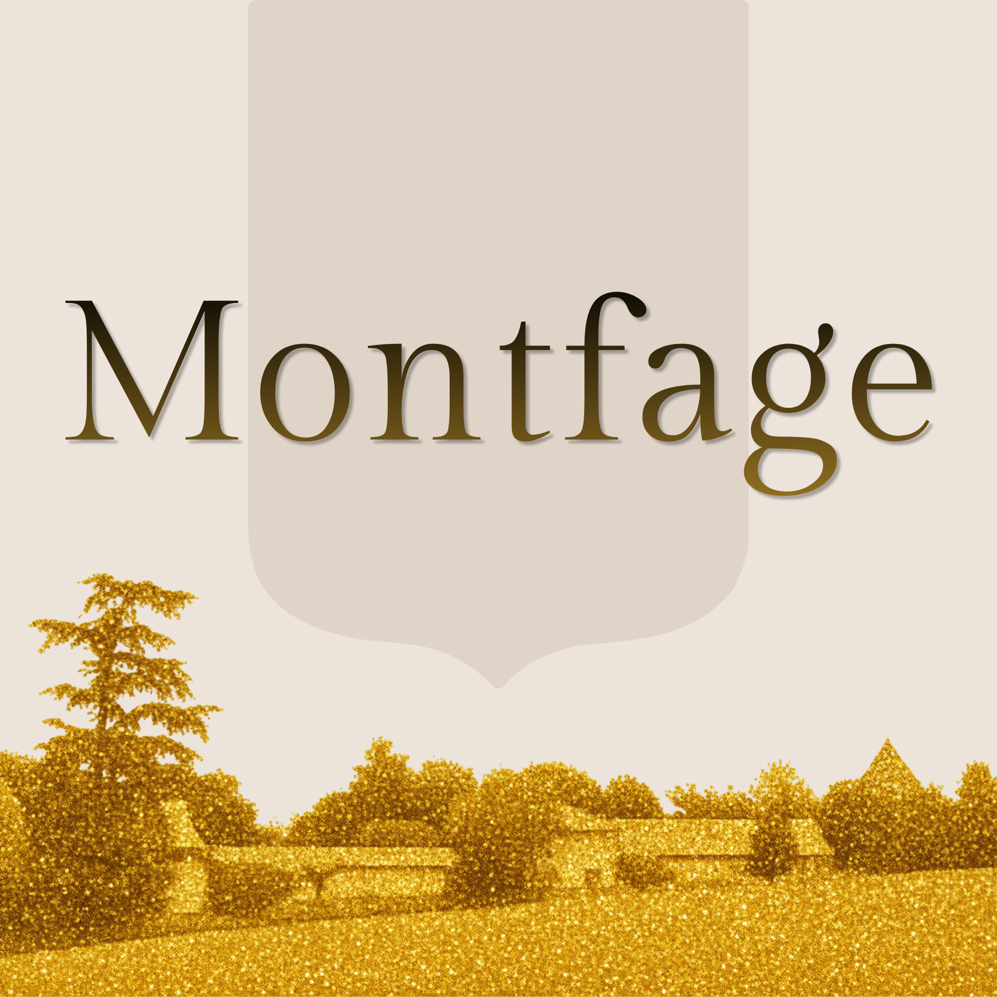 Een ontwerp met de tekst 'Montage' op een beige achtergrond, omgeven door gouden glitterende bladeren of takken.