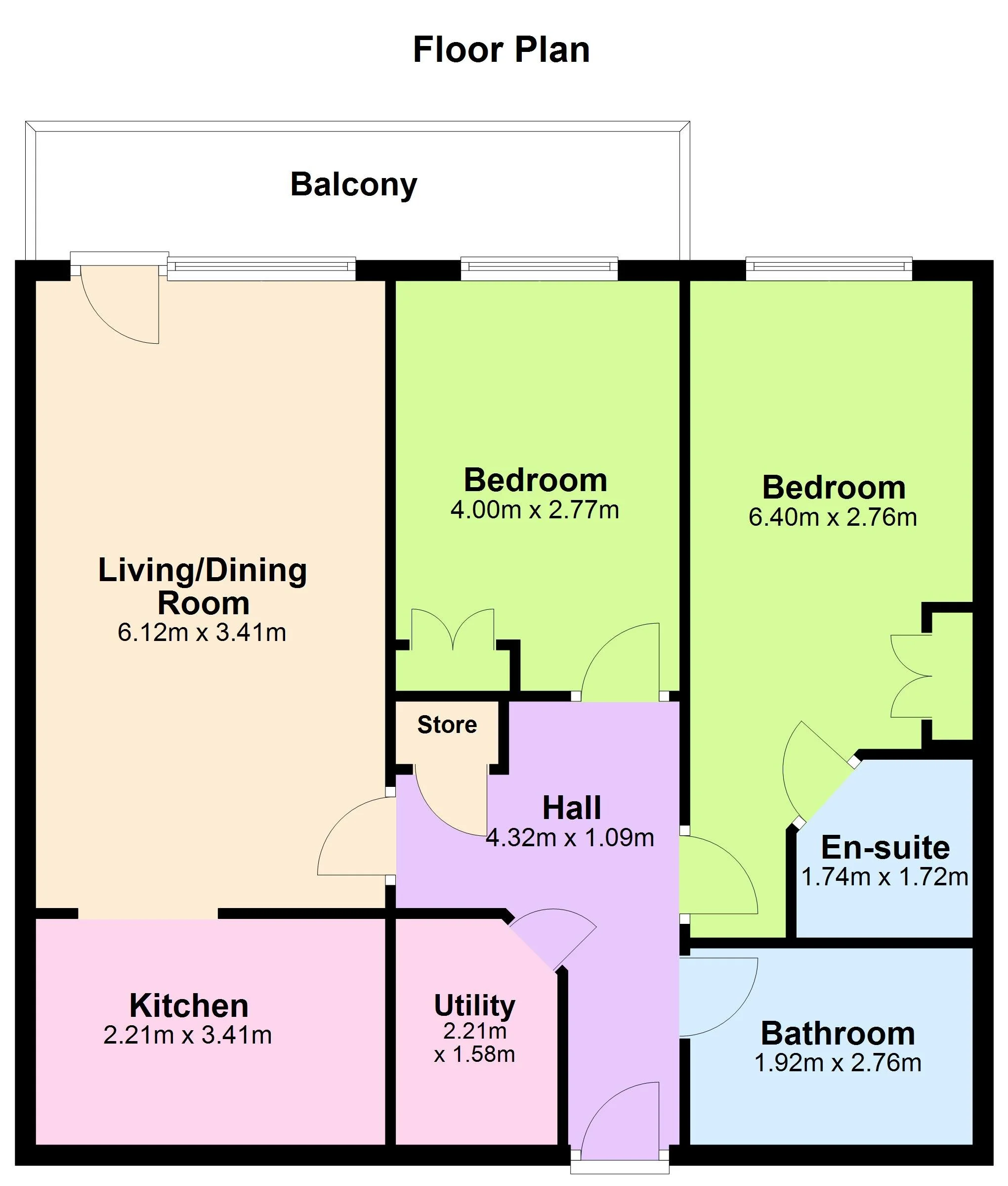 Floor plan of a house showing a balcony, two bedrooms, a living/dining room, kitchen, utility room, hall, store, bathroom, and an en-suite bathroom. Dimensions are included for each room.