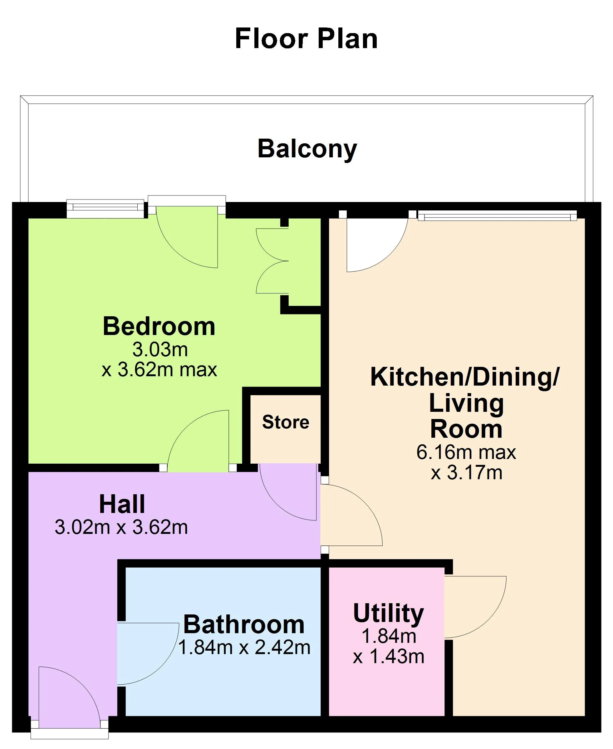Floor plan of an apartment with labeled rooms including balcony, bedroom, kitchen/dining/living room, hall, bathroom, utility room, and a small store area.