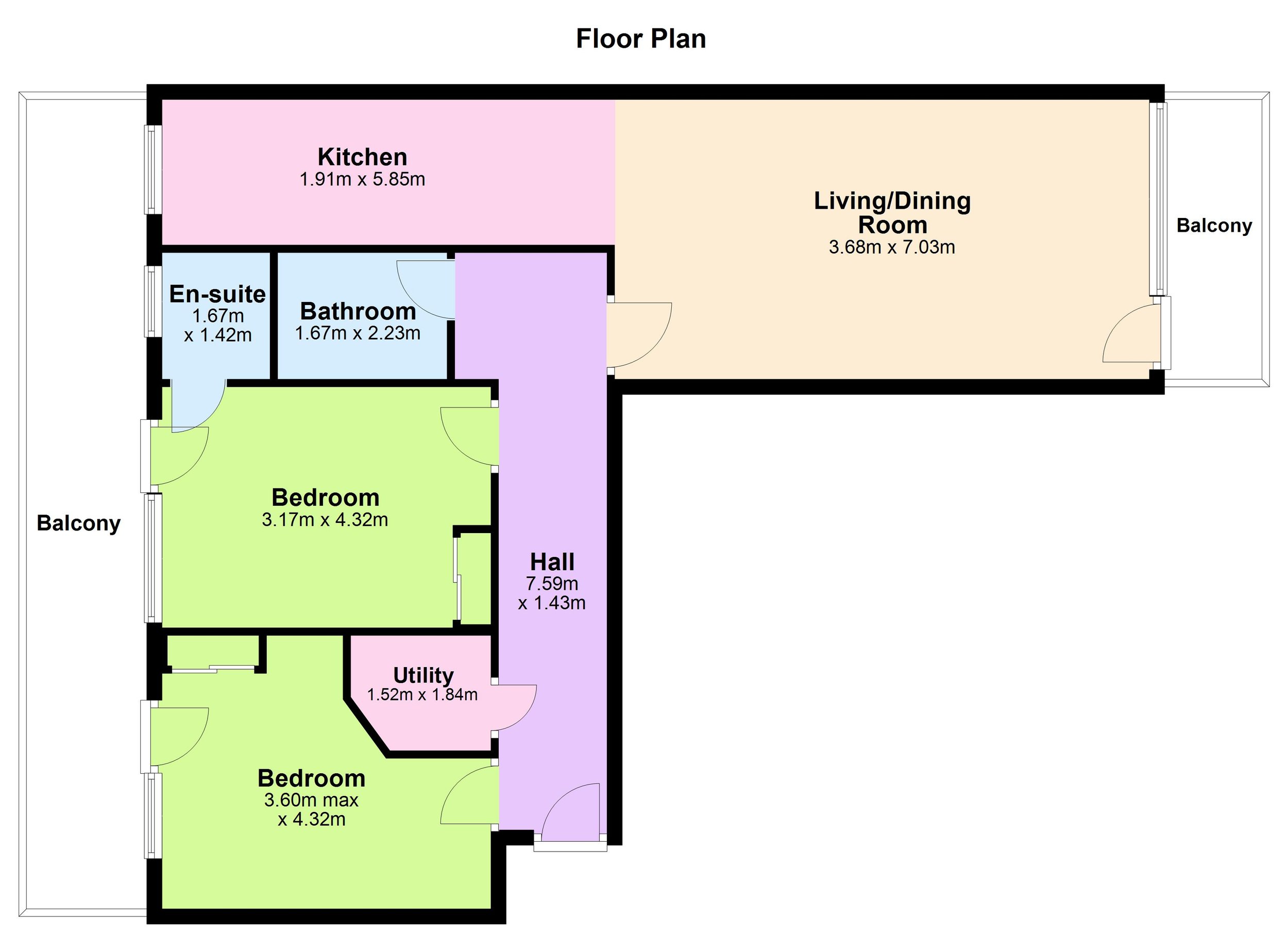 Floor plan of an apartment with two bedrooms, a kitchen, a living/dining room, a bathroom, an en-suite, a utility room, and hallways, with two balconies.