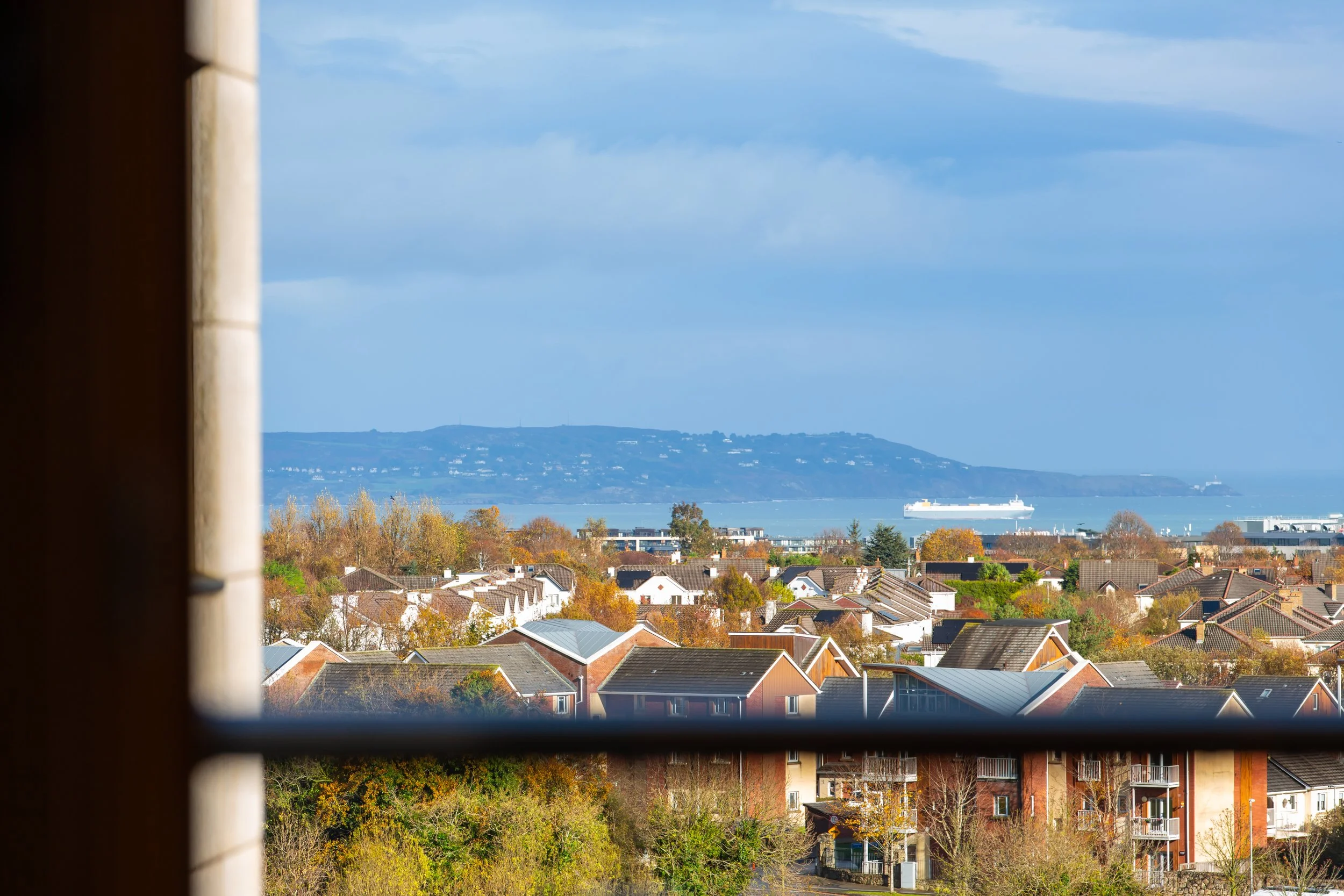 View of a coastal town with rows of houses, trees with autumn foliage, a large body of water, and a distant island with hills and a cruise ship in the water under a partly cloudy sky.