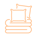 Line drawing of a bed with a pillow and blanket.