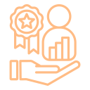 Simple line icon of a hand holding a person with a badge and a growth chart, representing career development or achievement