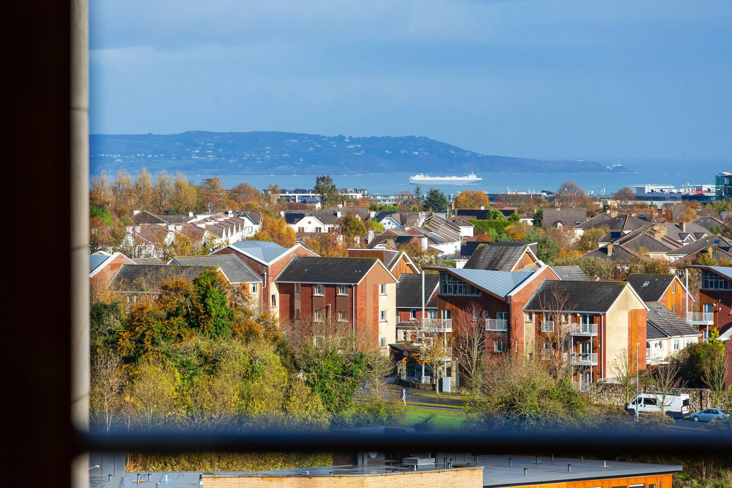 View through a window showing a suburban neighborhood with houses, trees, and a distant body of water with a ship, under a partly cloudy sky.
