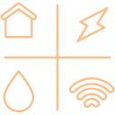 Four icons representing home, lightning, water droplet, and Wi-Fi signal.