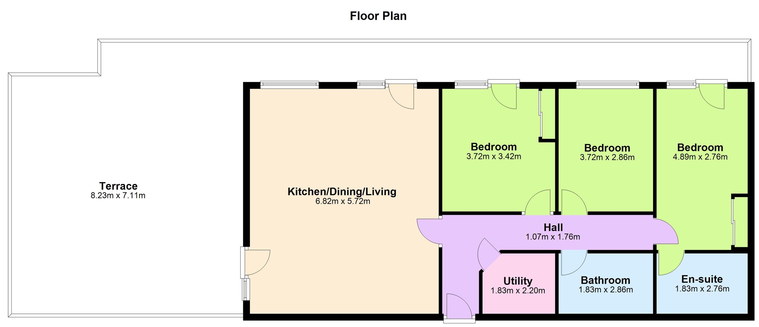Floor plan of a house showing a large terrace, kitchen/dining/living area, three bedrooms, hall, utility room, bathroom, and en-suite, with measurements for each room and shows doors and windows.