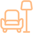 Line drawing of a living room with a chair and a floor lamp.