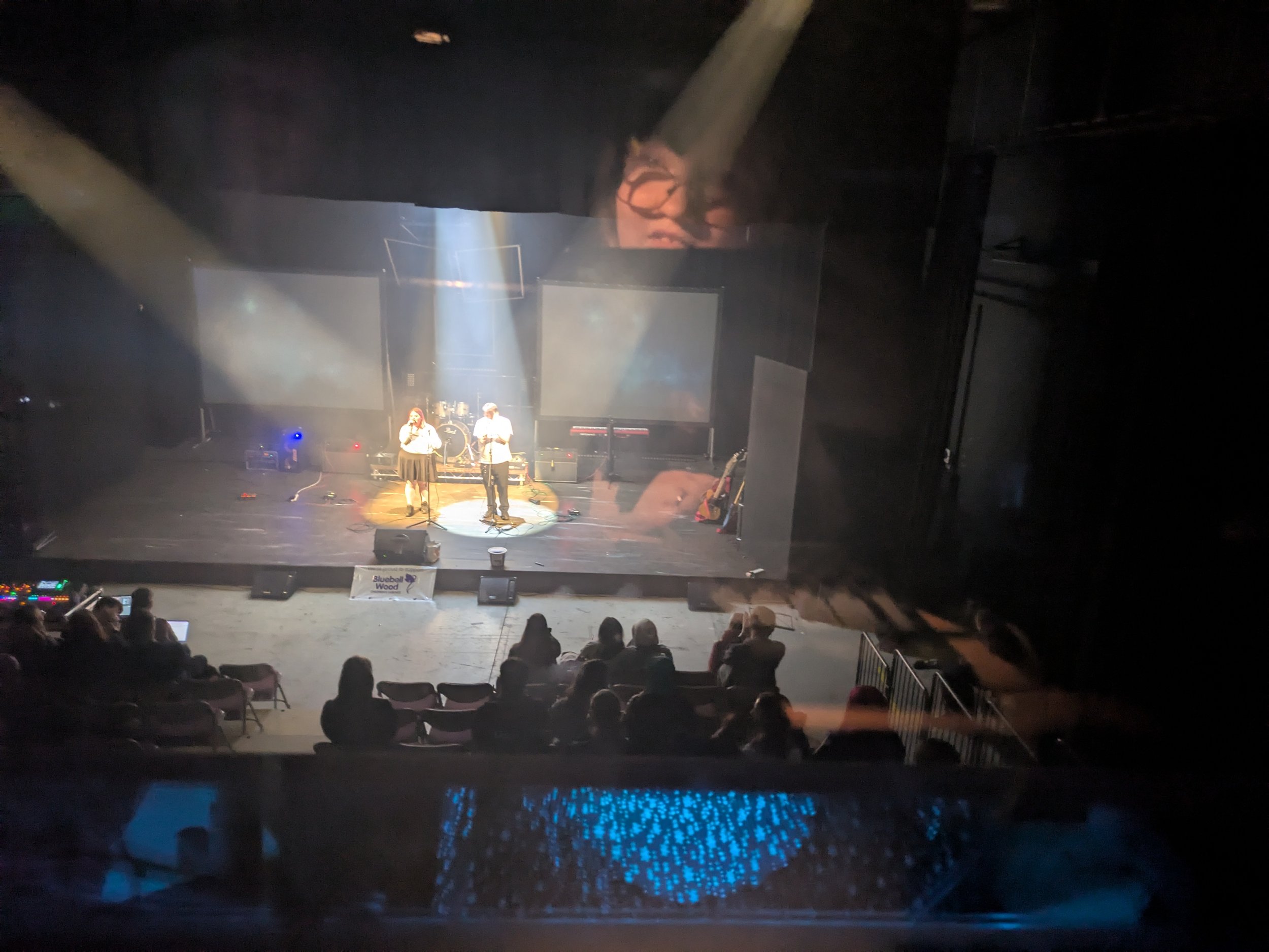 Here is another photo of my classmate learning to use the lighting desk - here they were playing around with trying to use multiple spots to light one person fully - from the front, and the sides. 